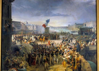 Die Nationalgarde von Paris, versammelt auf der Pont Neuf, zieht im September 1792 in die Armee. Gemälde von Leon Cogniet (1794-1880)