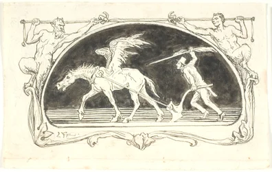 Vignette mit einem erschöpften Pegasus vor einem Pflug, der von einem Mann mit hohem Hut und einer großen Feder angetrieben wird