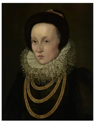 Porträt einer Frau, Büste, mit Spitzenkrause und Goldketten