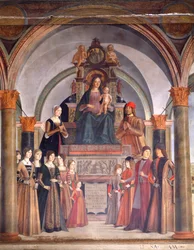 Madonna mit Kind und Engeln, von Lorenzo Costa, Bentivoglio-Kapelle in der Kirche San Giacomo Maggiore, Bologna, Italien