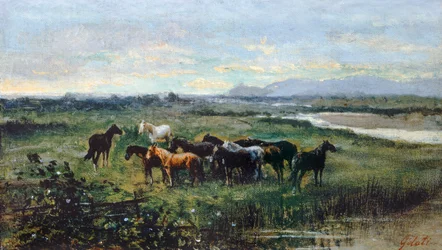 Wilde Pferde, um 1870, Öl auf Leinwand auf Holz übertragen, 21x37 cm