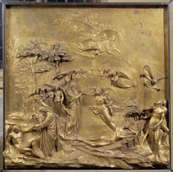 Geschichte von Adams Leben: die Geburt Adams, die Erschaffung Evas und die Vertreibung von Adam und Eva aus dem Paradies. Originaltafel der Tür des Paradieses