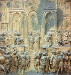 König Salomo empfängt die Königin von Saba im Flachrelief-Tempel von Lorenzo Ghiberti, Florenz, Paradiespforte des Baptisteriums
