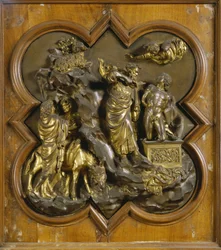 Das Opfer Isaaks. Originaltafel der Paradiespforte (Ostpforte des Baptisteriums), nach der Restaurierung. Vergoldete Bronze von Lorenzo Ghiberti (1378-1455), 1425-52. Museo dell Bargello, Florenz.