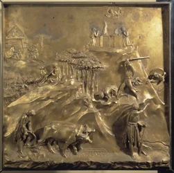 Leben von Kain und Abel: das Opfer, der Mord an Abel und Gott verbannt Kain. Originaltafel der Tür des Paradieses