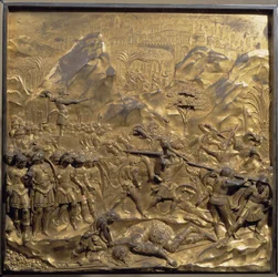 Leben von David und Goliath: Darstellung der Schlacht zwischen den Israeliten und Philistern und die Enthauptung des Riesen Goliath im Tal von Ela