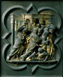 Nordtor (genannt Kreuztor, im Norden), Außendetail: Jesus vertreibt die Händler aus dem Tempel. Bronzeskulptur von Lorenzo Ghiberti
