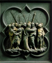Nordtor (im Norden Kreuztor genannt), Außendetail: „Der Judaskuss“. Bronzeskulptur von Lorenzo Ghiberti (1378-1455)