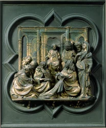 Nordtor (genannt Kreuztor, nach Norden), Außendetail: Jesus unter den Ärzten. Bronzeskulptur von Lorenzo Ghiberti