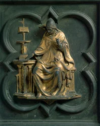 Nordtor (genannt Tor des Kreuzes, Norden), Außendetail: Heiliger Gregor der Große. Bronzeskulptur von Lorenzo Ghiberti (1378-1455)