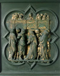 Nordtor (genannt Porte de la Croix, im Norden), Außendetail: „Pfingsten“ Bronzeskulptur von Lorenzo Ghiberti (1378-1455)