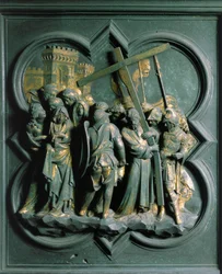 Nordtor (genannt Porte de la Croix, im Norden), Außendetail: „Der Aufstieg nach Golgatha“ Bronzeskulptur von Lorenzo Ghiberti (1378-1455)