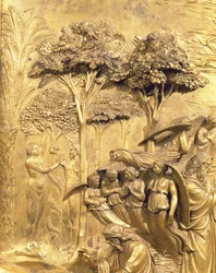Die Geschichte von Adam, Detail der Versuchung von Adam und Eva, von einem der Originaltafeln der Osttüren des Baptisteriums, 1425-52 (nach Restaurierung)