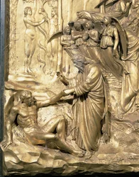 Die Geschichte von Adam, Detail der Erschaffung von Adam und der Versuchung von Adam und Eva, von einem der Originaltafeln der Osttüren des Baptisteriums, 1425-52 (nach Restaurierung)