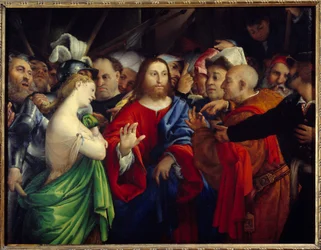 Christus und die Ehebrecherin. Gemälde von Lorenzo Lotto (1480-1556)