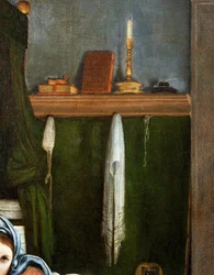 Regal mit Kandelabern und Büchern (Detail)