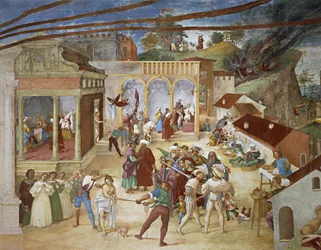 Die heilige Barbara wird durch die Straßen der Stadt geführt, Detail aus Christus-Weinrebe und Legende der heiligen Barbara von Lorenzo Lotto (Detail)