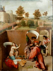 Susanna im Bade oder „Susanna und die Ältesten“. Die Figuren halten Phylakterien, auf denen ihre Texte geschrieben sind. Gemälde von Lorenzo Lotto