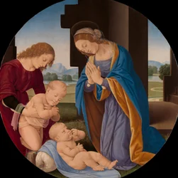 Madonna, die das Kind anbetet, mit dem kleinen Johannes dem Täufer und einem Engel, frühe 1490er
