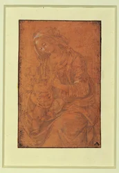 Madonna. Silberstift, gehöht auf lachsfarbenem Papier