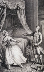 Paar vor dem Bett des Schlafzimmers - in „Les francaises ou 34 examples chosen in the current mores fit to lead daughters, women, wives, mothers“ von Restif de La Bretonne (1734-1806), ill. von Binet, Neufchatel