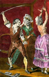 Erotik: Mitglieder des Adels frönen sadomasochistischen Vergnügungen, ein Mann peitscht eine gefesselte Frau. Gravur von Leroy nach einer Zeichnung von Louis Binet für Der pervertierte Bauer von Restif de la Bretonne 1775