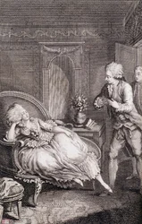 Gentilhomme erklärt einer Dame seine Liebe, die auf einer Schäferin schmachtet - in „Les françaises ou 34 exemples choisis dans les moeurs actuelles propres à diriger les filles, les femmes, les mères“ von Restif de La Bretonne (1734-1806), ill. von Binet,