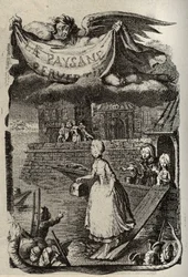 Illustration für „La Paysanne pervertie ou les Dangers de la ville“ von Restif de La Bretonne (1734-1806), französischer Schriftsteller. Gravur von Binet aus dem 18. Jahrhundert.