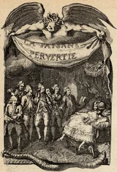 Illustration für „La Paysanne pervertie ou les Dangers de la ville“ von Restif de La Bretonne (1734-1806), französischer Schriftsteller. Gravur von Binet aus dem 18. Jahrhundert.