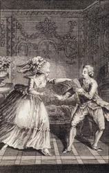 Der gestohlene Liebesbrief (Libertinage) - in „Die Französinnen oder 34 Beispiele aus den aktuellen Sitten, geeignet, Töchter, Frauen, Ehefrauen, Mütter zu führen“ von Restif de La Bretonne (1734-1806), ill. von Binet, Neufchatel