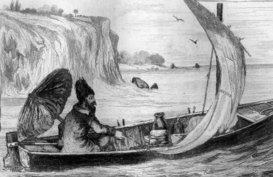 Ich wurde von der Strömung getrieben, Gravur nach einer Zeichnung von M. de Sainson für das Buch von Daniel Defoe „Robinson Crusoe“, französische Ausgabe von 1837