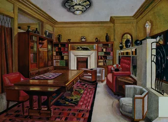 Studierzimmer von Leon Bouchet, Aquarell Libis für Le Confotable, Frankreich, 20. Jahrhundert