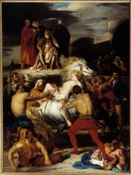 Mazeppas Qual. Mazeppa wird auf Befehl des von ihm beleidigten Pfalzgrafen an ein wildes Pferd gebunden. Illustration zu Lord Byrons Gedicht „Mazeppa“