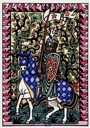 Chevalier - in „Die Lieben von Frene und Galeran erzählt nach Jean Renard, Ende des 12. Jahrhunderts, adaptiert von André Mary“, illustriert mit Holzschnitten von Louis Bouquet, ed. Jonquières, Paris