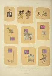 Fragmente aztekischer hieroglyphischer Malereien, aus dem Codex Telleriano-Remensis, Illustration aus 