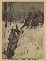 Deutscher Soldat in einer Wachbox, gefangen von französischen Chasseurs Alpins mit einem Lasso, Erster Weltkrieg