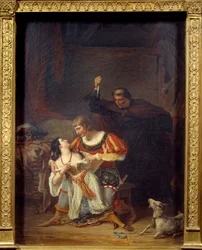Archidiakon Frollo und Esmeralda. Phoebus und Esmeralda umarmen sich, hinter Phoebus erscheint Claude Frollo mit einem Dolch, um seinen Rivalen im Herzen der Zigeunerin zu töten. Illustration aus „Notre Dame de Paris“ von Victor Hugo. Gemälde von Auguste C