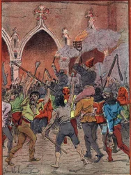 Ankündigung einer neuen Steuer im Jahr 1382 unter der Herrschaft von Karl VI., die Bevölkerung, müde von der Steuerunterdrückung, erhob sich (Aufstände der Maillotins oder der Harelle, Szene des Volksaufstands auf dem Place de l