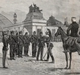 Degradierung von Alfred Dreyfus - Dreyfus-Affäre: Die Degradierung von Alfred Dreyfus im Hof der Militärschule Paris, 5. Januar 1895. Gravur in „Le monde illustré“ von 1895 - Zeichnung von Bombled