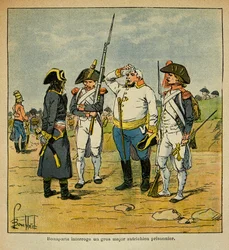 Illustration von Louis Bombled aus dem Buch von Graf Emmanuel de Las Cases: Während des Italienfeldzugs verhört Bonaparte einen österreichischen Gefangenen