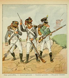 Illustration von Bombled Louis (1862-1927) aus dem Buch „Das Memorial von Saint Helene“ von Graf Emmanuel de Las Cases (1766-1842): Die Junge Garde von 1806: Wehrpflichtiger Grenadier; Schütze Grenadier und Flankenjäger