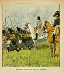 Illustration von Louis Bombled aus dem Buch „Das Memorial von Saint Helene“ von Graf Emmanuel de Las Cases: Kaiser Napoleon betrachtet seine Rekruten während einer Schlacht, Private Sammlung