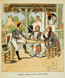 Illustration von Louis Bombled aus dem Buch „Das Memorial von Saint Helene“ von Graf Emmanuel de Las Cases: Französische Armee: Voltigeur; Jäger und Pionier des Genies, Private Sammlung