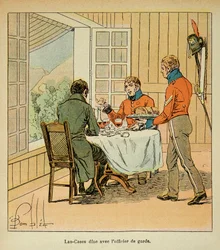 Illustration von Louis Bombled aus dem Buch „Das Memorial von Saint Helene“ von Graf Emmanuel de Las Cases: Abendessen zwischen Las Cases und dem Wachoffizier, Private Sammlung