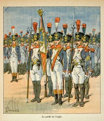 Illustration von Louis Bombled aus dem Buch „Das Memorial von Saint Helene“ von Graf Emmanuel de Las Cases: Die Wache des Adlers (von Napoleon geschaffen, um die Flagge zu schützen), Private Sammlung