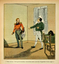 Illustration von Louis Bombled (1862-1927) aus dem Buch „Das Memorial von St. Helena“ von Graf Emmanuel de Las Cases (1766-1842): Kaiser Napoleon tadelt Gouverneur Hudson Lowe (1769-1844) für sein Verhalten