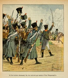 Illustration aus dem Buch „The Memorial of Saint Helene“ von Graf Emmanuel de Las Cases: Die Truppen bejubeln Kaiser Napoleon