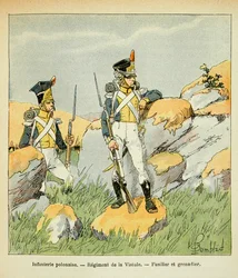 Illustration aus dem Buch „The Memorial of Saint Helene“ von Graf Emmanuel de Las Cases: Polnische Infanterie; Regiment der Weichsel; Füsilier und Grenadier