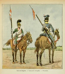 Illustration aus dem Buch „The Memorial of Saint Helene“ von Graf Emmanuel de Las Cases: Leichte Kavallerie der Garde: Französischer und polnischer Lanzenreiter