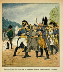Illustration von Bombled Louis (1862-1927) aus dem Buch „Das Memorial von Sankt Helena“ von Graf Emmanuel de Las Cases (1766-1842): General Rapp lässt den jungen Stabs, der Kaiser Napoleon ermorden wollte, von einem Gendarmen verhaften, Teilsammlung